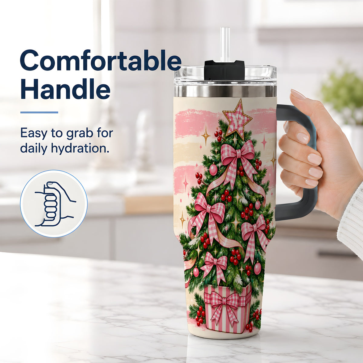 #pl[40oz|Black] Pink Gingham Bow Christmas Tree Tumbler, 40oz Stainless Steel Tumbler