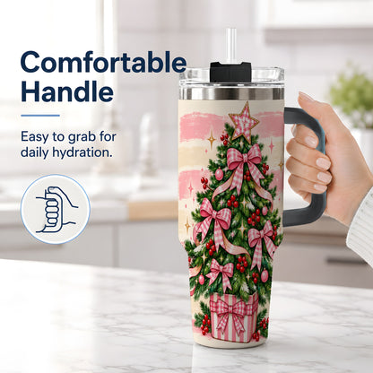 #pl[40oz|Black] Pink Gingham Bow Christmas Tree Tumbler, 40oz Stainless Steel Tumbler