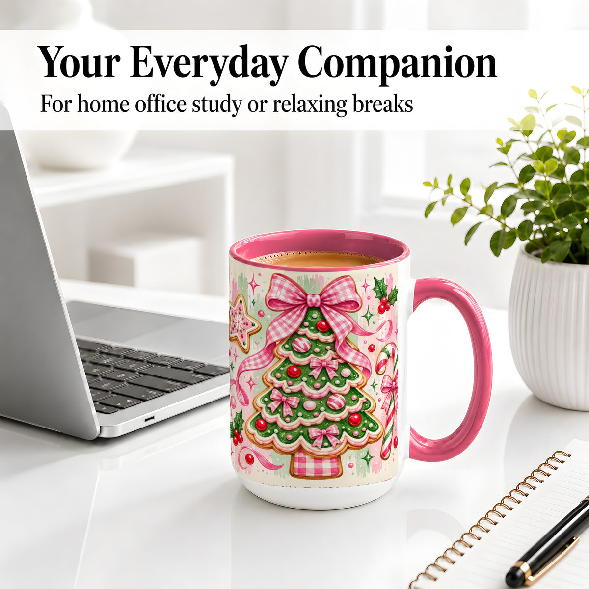 #pl[15oz|Pink] Gingerbread Christmas Tree Accent Mug, Ceramic Mug for Holiday Fans