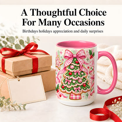#pl[15oz|Pink] Gingerbread Christmas Tree Accent Mug, Ceramic Mug for Holiday Fans