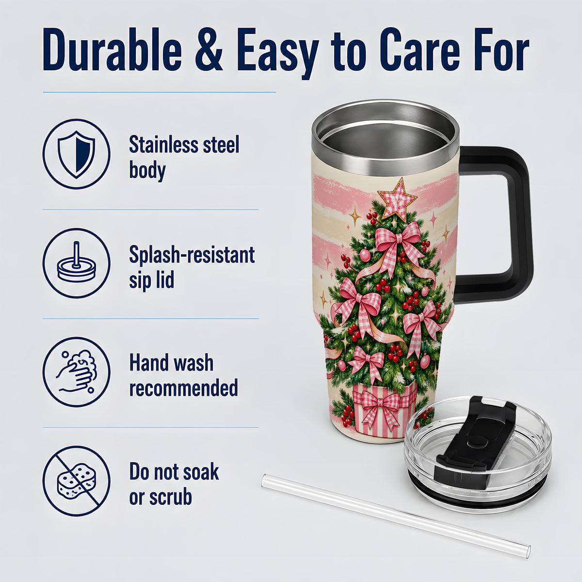 #pl[40oz|Black] Pink Gingham Bow Christmas Tree Tumbler, 40oz Stainless Steel Tumbler