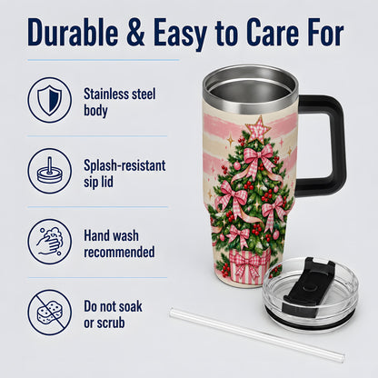 #pl[40oz|Black] Pink Gingham Bow Christmas Tree Tumbler, 40oz Stainless Steel Tumbler