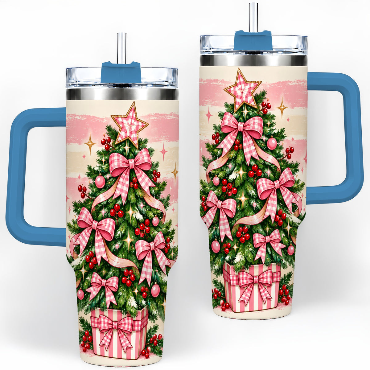 #pl[40oz|Blue] Pink Gingham Bow Christmas Tree Tumbler, 40oz Stainless Steel Tumbler