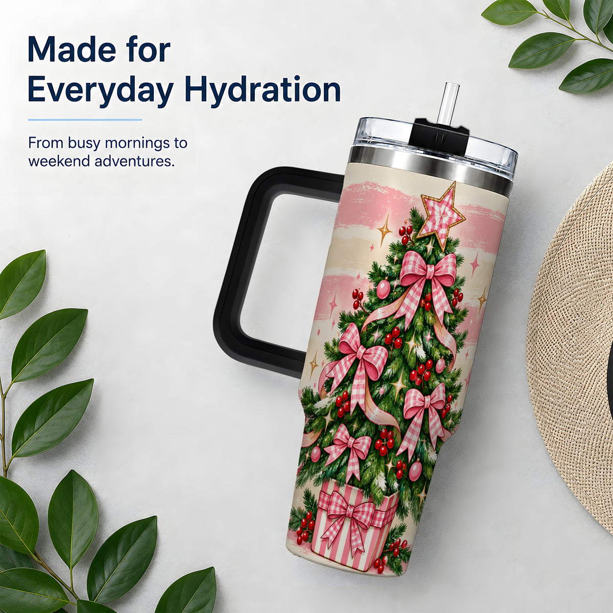 #pl[40oz|Black] Pink Gingham Bow Christmas Tree Tumbler, 40oz Stainless Steel Tumbler