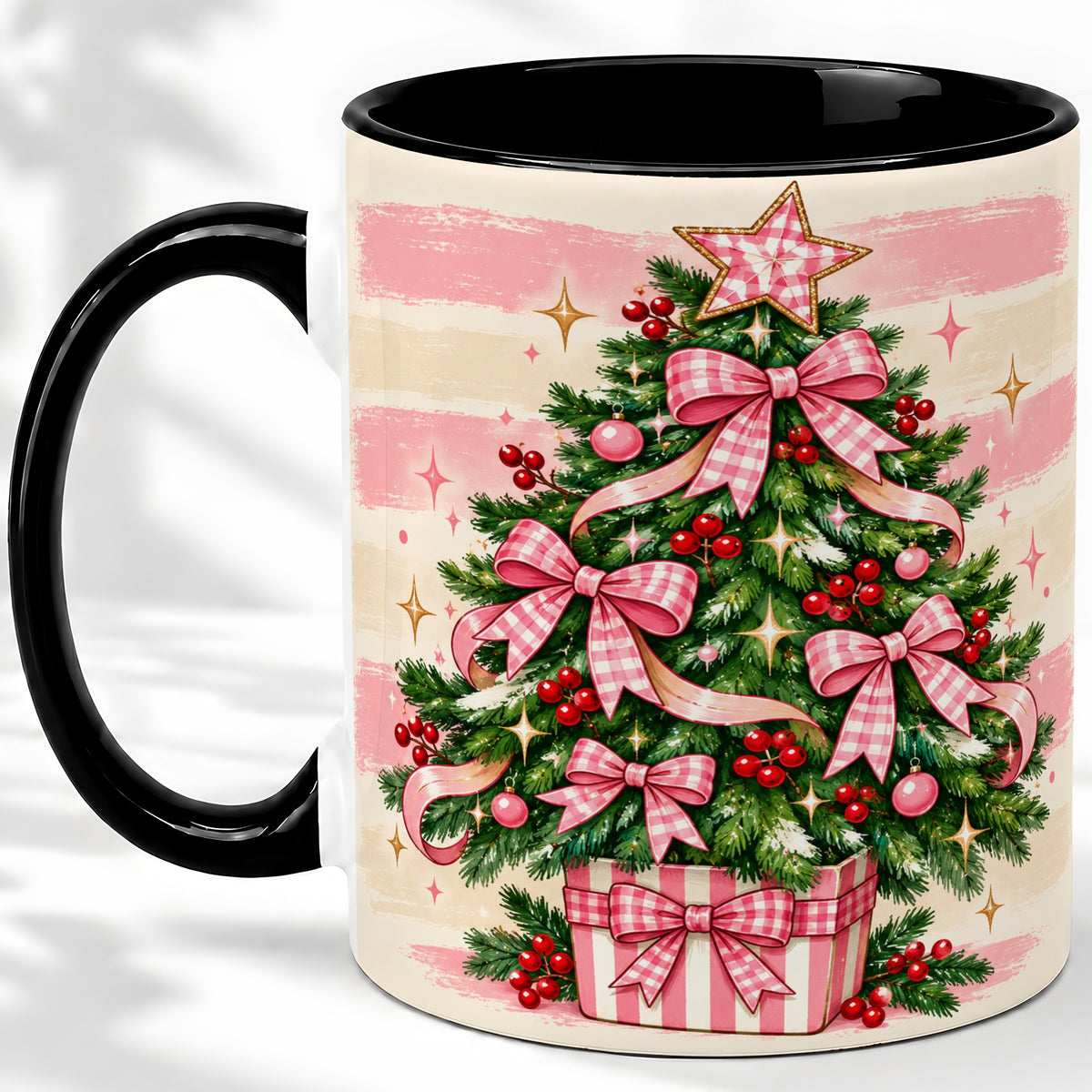 #pl[11oz|Black] Pink Gingham Bow Christmas Tree Accent Mug, Ceramic Mug