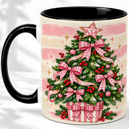 #pl[11oz|Black] Pink Gingham Bow Christmas Tree Accent Mug, Ceramic Mug