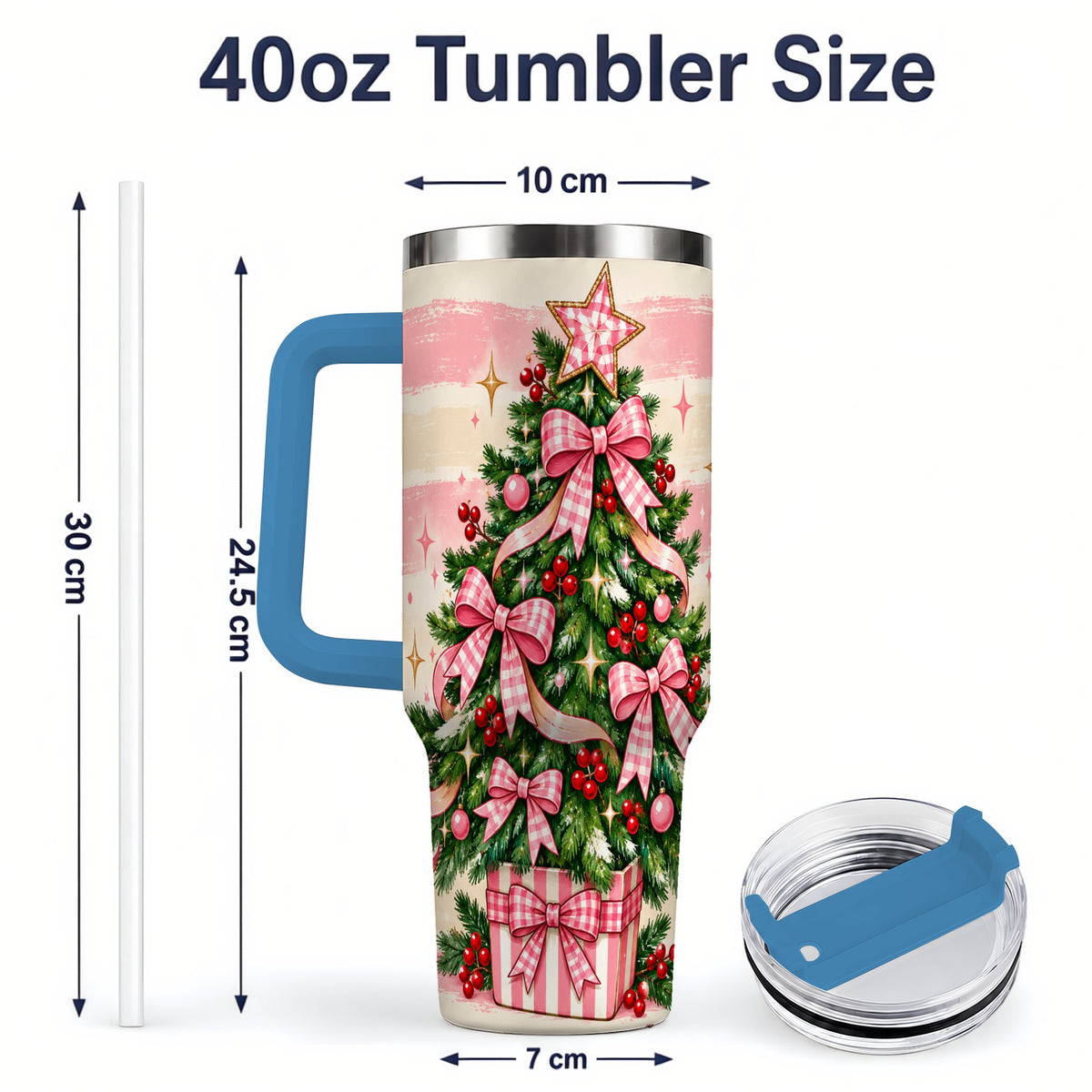 #pl[40oz|Blue] Pink Gingham Bow Christmas Tree Tumbler, 40oz Stainless Steel Tumbler