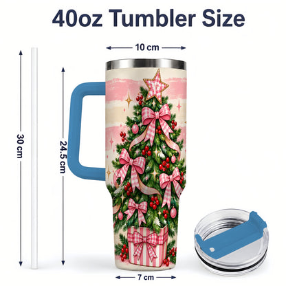 #pl[40oz|Blue] Pink Gingham Bow Christmas Tree Tumbler, 40oz Stainless Steel Tumbler