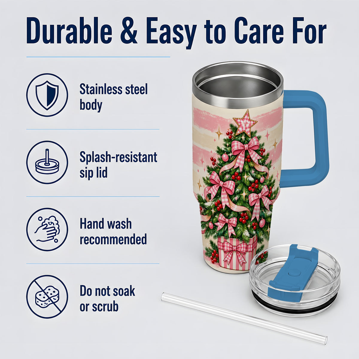 #pl[40oz|Blue] Pink Gingham Bow Christmas Tree Tumbler, 40oz Stainless Steel Tumbler