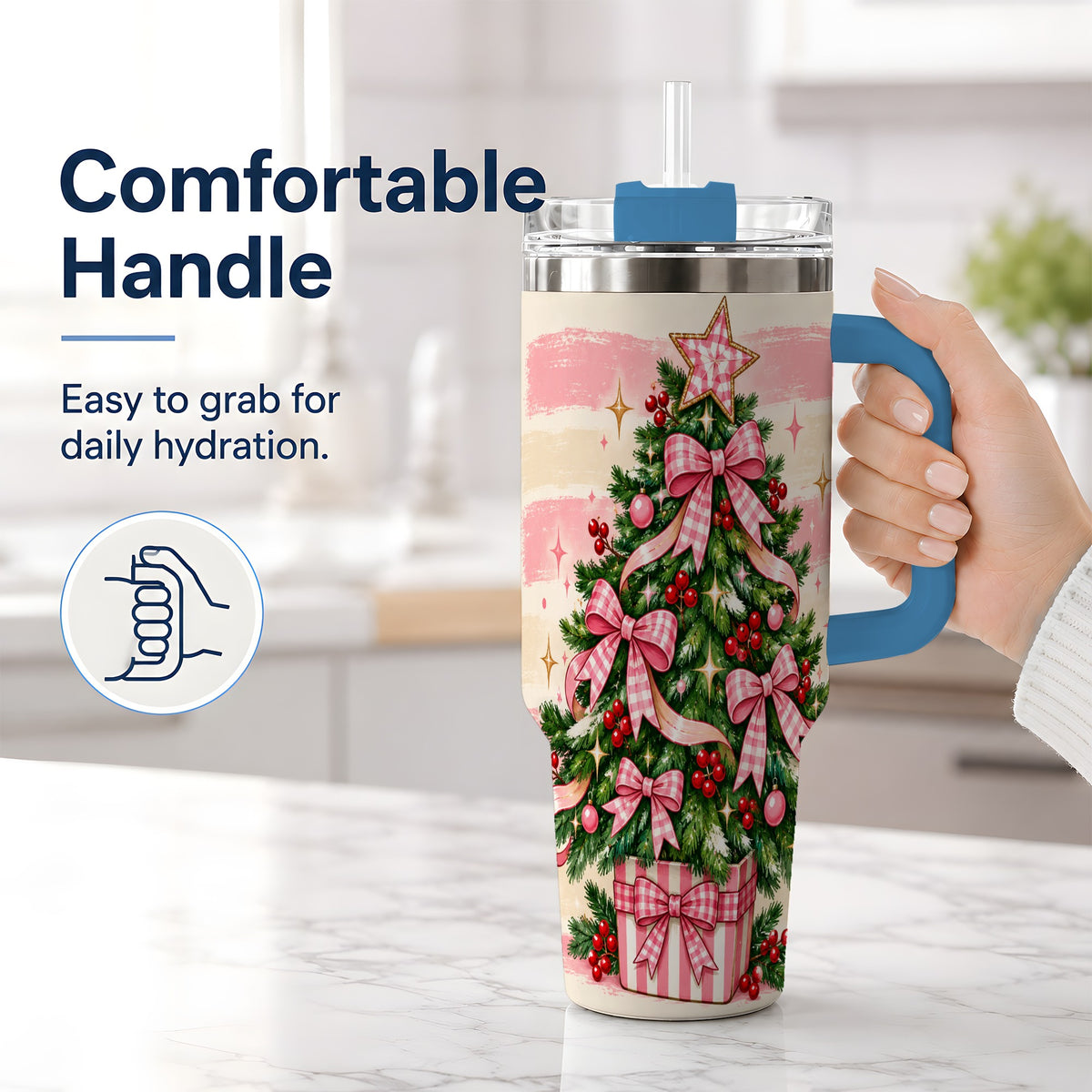 #pl[40oz|Blue] Pink Gingham Bow Christmas Tree Tumbler, 40oz Stainless Steel Tumbler