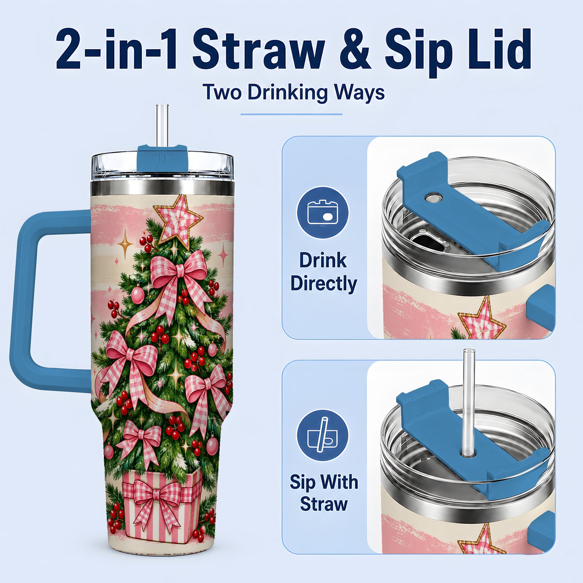 #pl[40oz|Blue] Pink Gingham Bow Christmas Tree Tumbler, 40oz Stainless Steel Tumbler