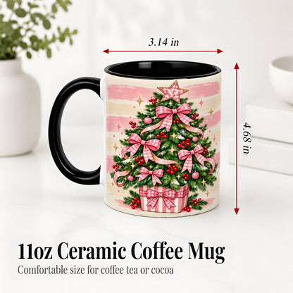 #pl[11oz|Black] Pink Gingham Bow Christmas Tree Accent Mug, Ceramic Mug
