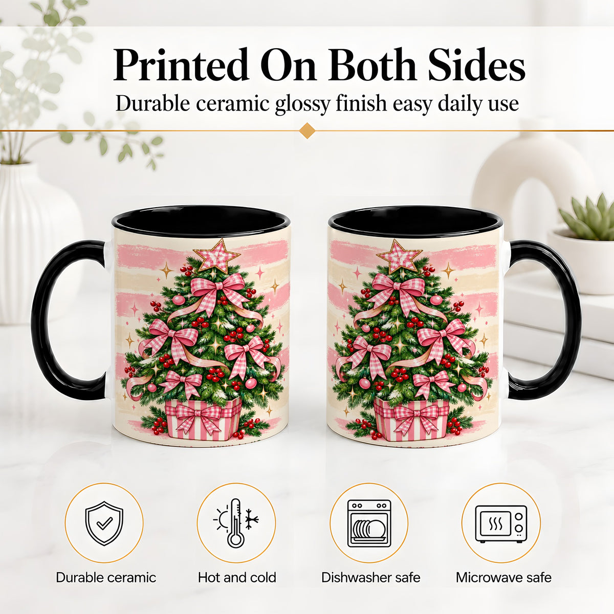 #pl[11oz|Black] Pink Gingham Bow Christmas Tree Accent Mug, Ceramic Mug