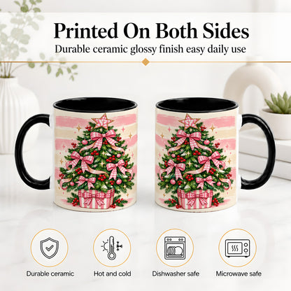#pl[11oz|Black] Pink Gingham Bow Christmas Tree Accent Mug, Ceramic Mug
