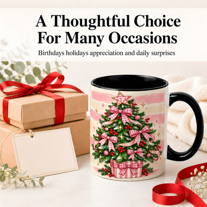 #pl[11oz|Black] Pink Gingham Bow Christmas Tree Accent Mug, Ceramic Mug