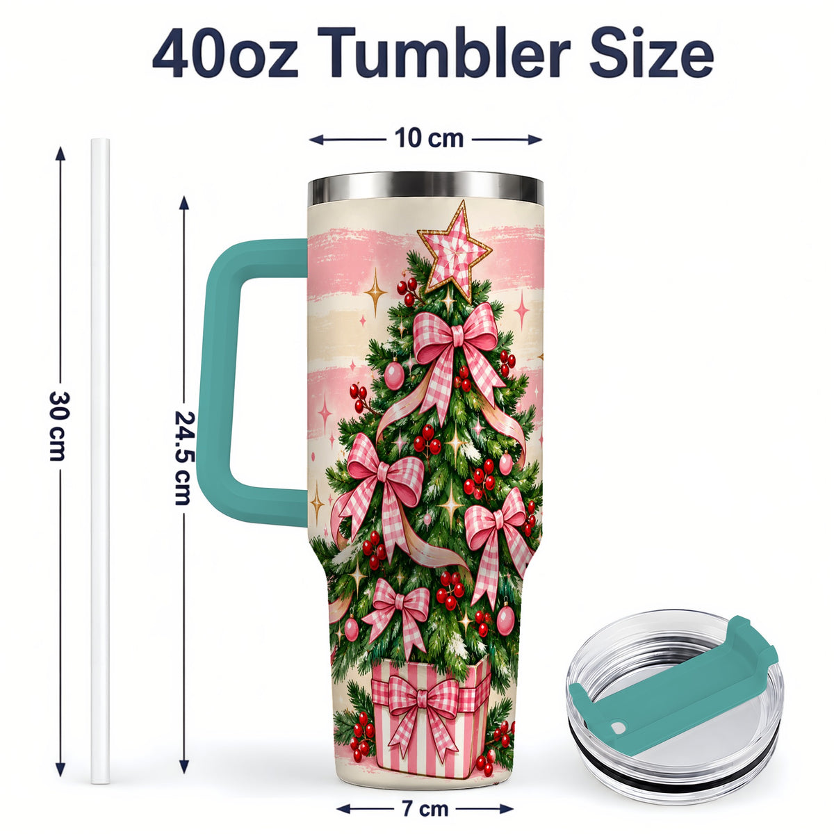 #pl[40oz|Green] Pink Gingham Bow Christmas Tree Tumbler, 40oz Stainless Steel Tumbler