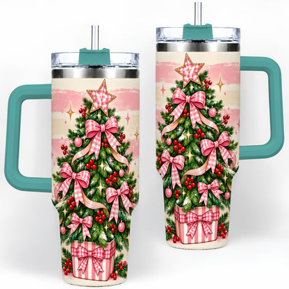 #pl[40oz|Green] Pink Gingham Bow Christmas Tree Tumbler, 40oz Stainless Steel Tumbler