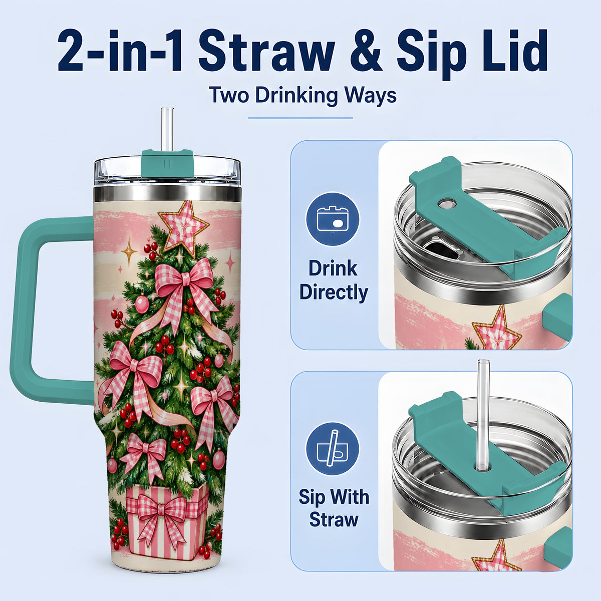 #pl[40oz|Green] Pink Gingham Bow Christmas Tree Tumbler, 40oz Stainless Steel Tumbler