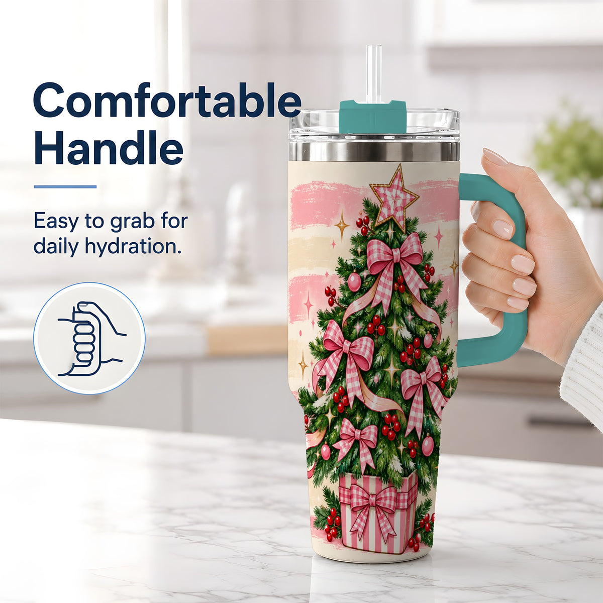 #pl[40oz|Green] Pink Gingham Bow Christmas Tree Tumbler, 40oz Stainless Steel Tumbler