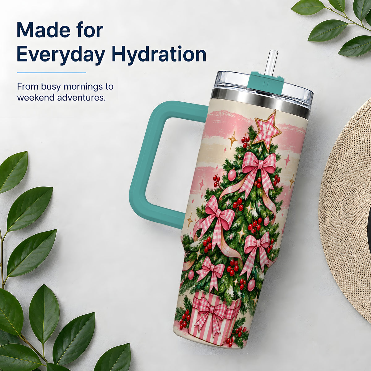 #pl[40oz|Green] Pink Gingham Bow Christmas Tree Tumbler, 40oz Stainless Steel Tumbler