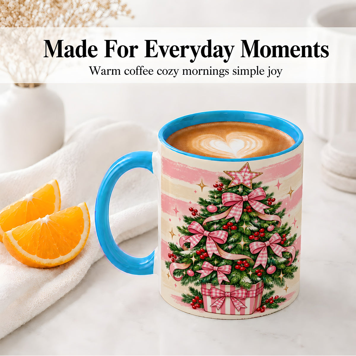 #pl[11oz|Blue] Pink Gingham Bow Christmas Tree Accent Mug, Ceramic Mug