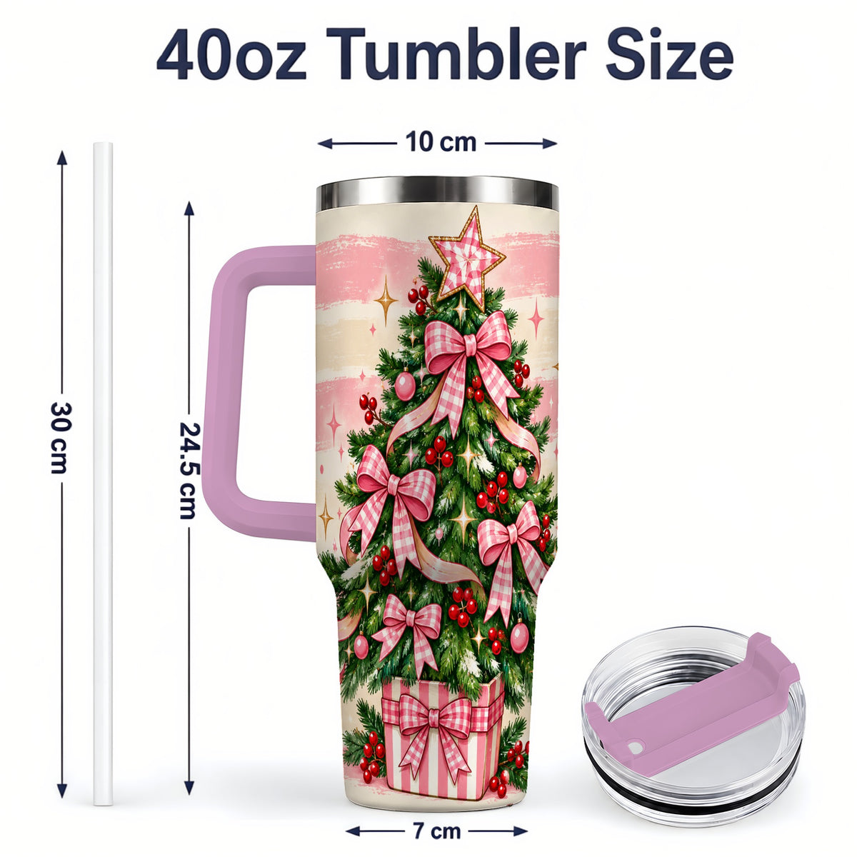 #pl[40oz|Pink] Pink Gingham Bow Christmas Tree Tumbler, 40oz Stainless Steel Tumbler