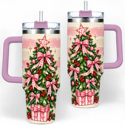 #pl[40oz|Pink] Pink Gingham Bow Christmas Tree Tumbler, 40oz Stainless Steel Tumbler