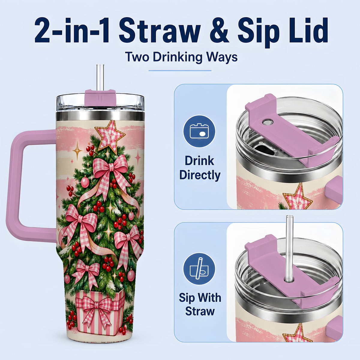 #pl[40oz|Pink] Pink Gingham Bow Christmas Tree Tumbler, 40oz Stainless Steel Tumbler
