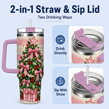 #pl[40oz|Pink] Pink Gingham Bow Christmas Tree Tumbler, 40oz Stainless Steel Tumbler