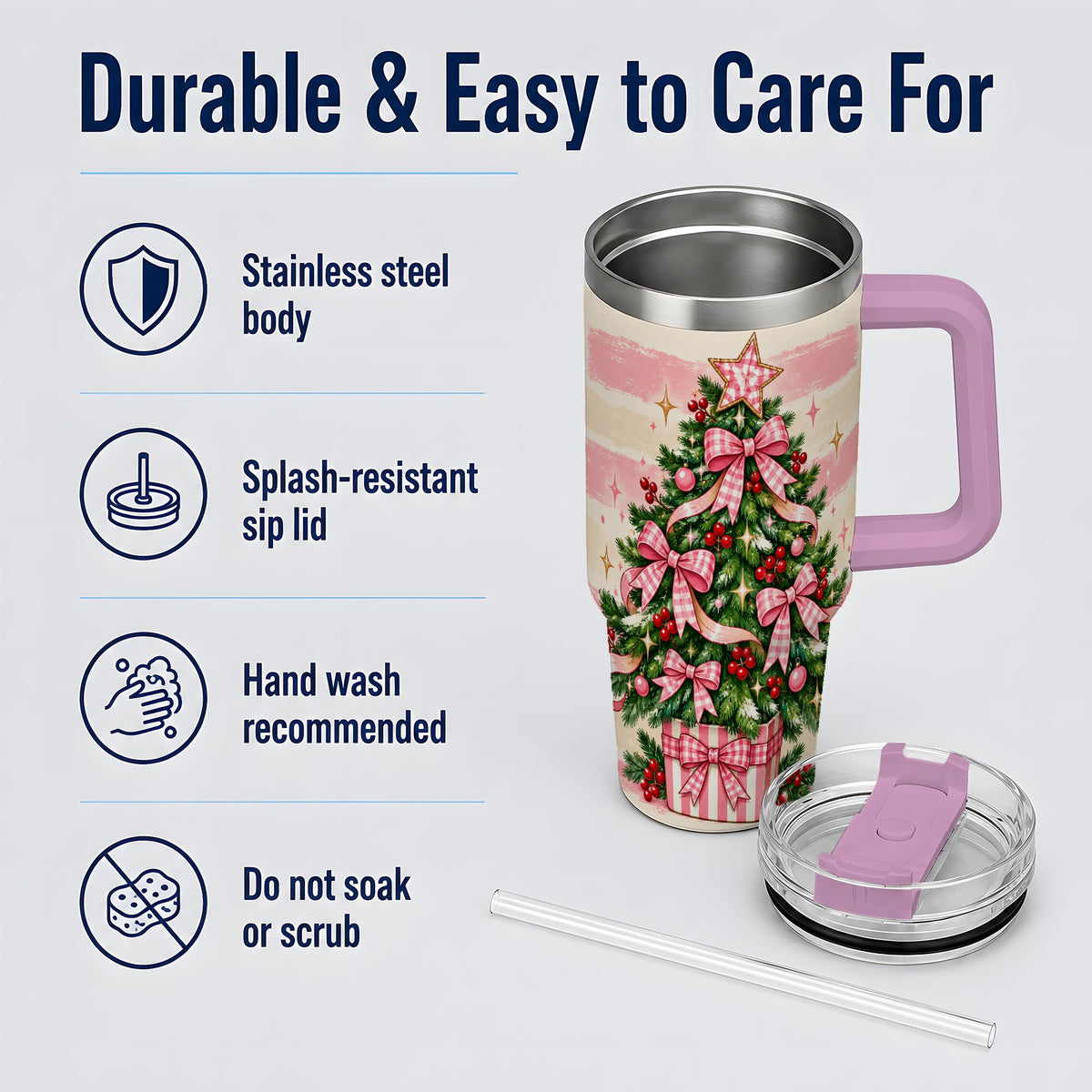 #pl[40oz|Pink] Pink Gingham Bow Christmas Tree Tumbler, 40oz Stainless Steel Tumbler
