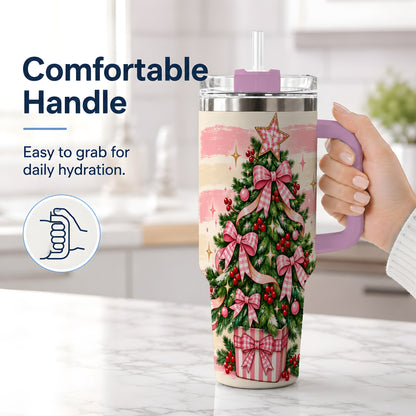 #pl[40oz|Pink] Pink Gingham Bow Christmas Tree Tumbler, 40oz Stainless Steel Tumbler