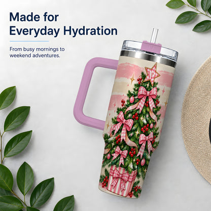 #pl[40oz|Pink] Pink Gingham Bow Christmas Tree Tumbler, 40oz Stainless Steel Tumbler