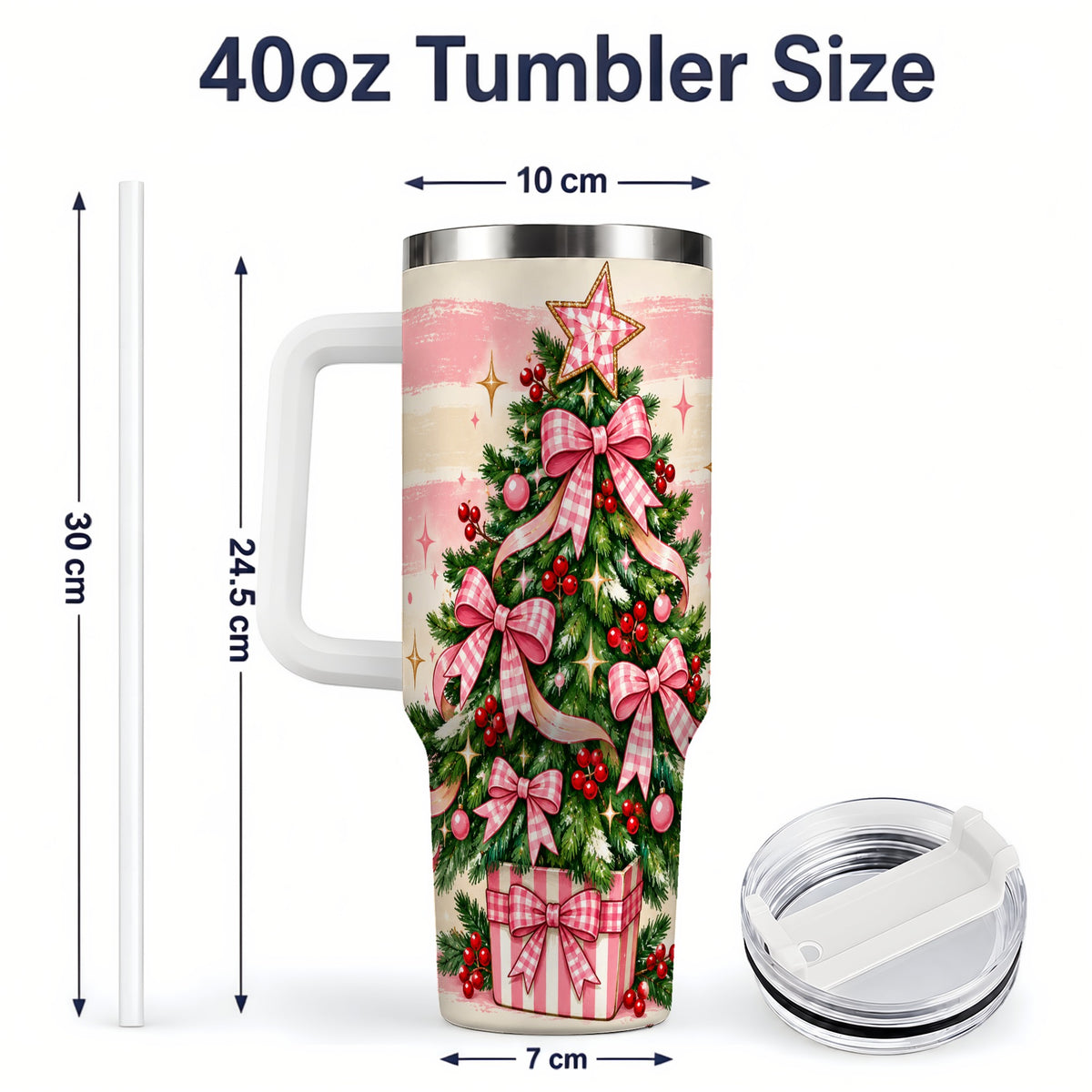 #pl[40oz|White] Pink Gingham Bow Christmas Tree Tumbler, 40oz Stainless Steel Tumbler