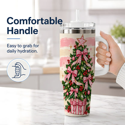 #pl[40oz|White] Pink Gingham Bow Christmas Tree Tumbler, 40oz Stainless Steel Tumbler