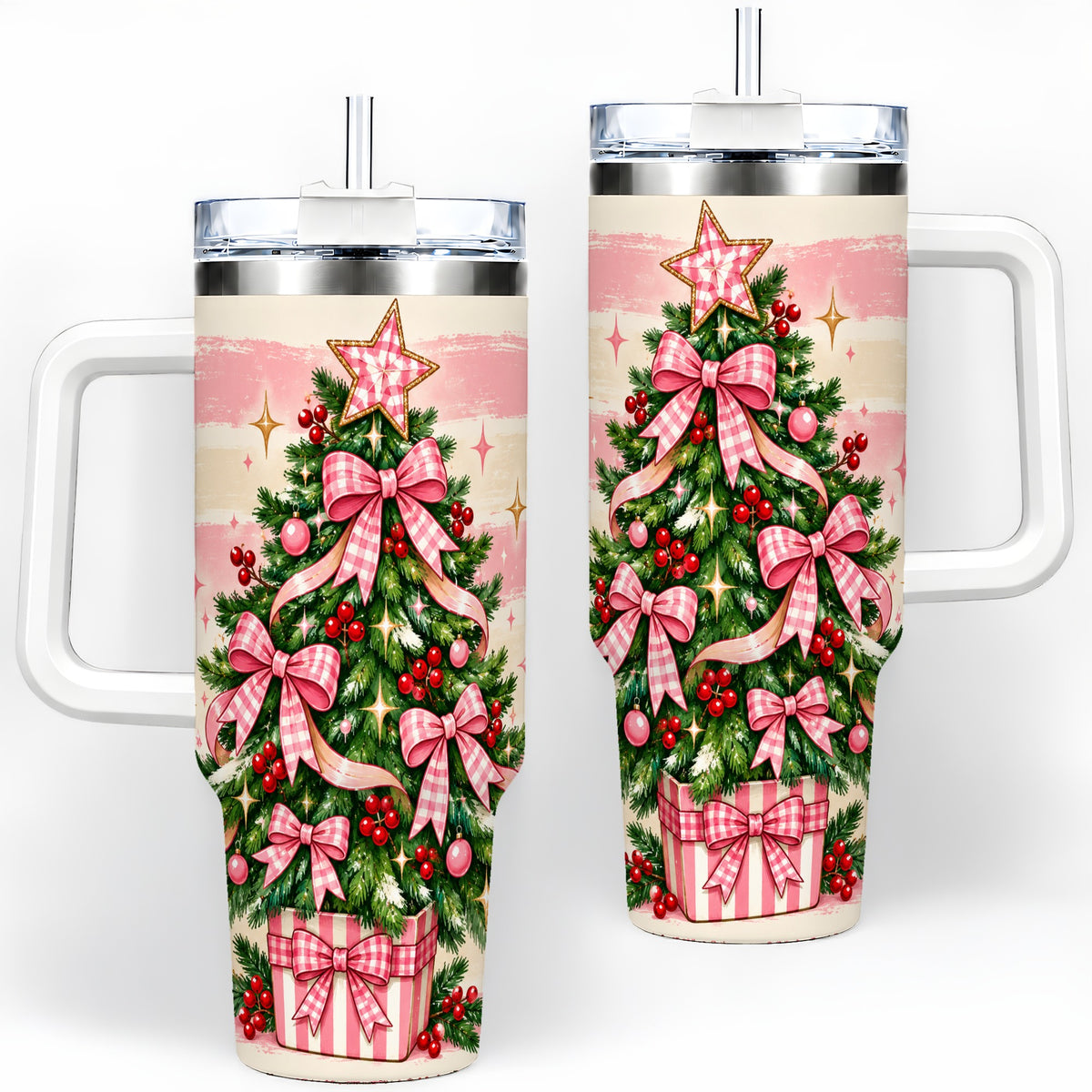 Pink Gingham Bow Christmas Tree Tumbler, 40oz Stainless Steel Tumbler