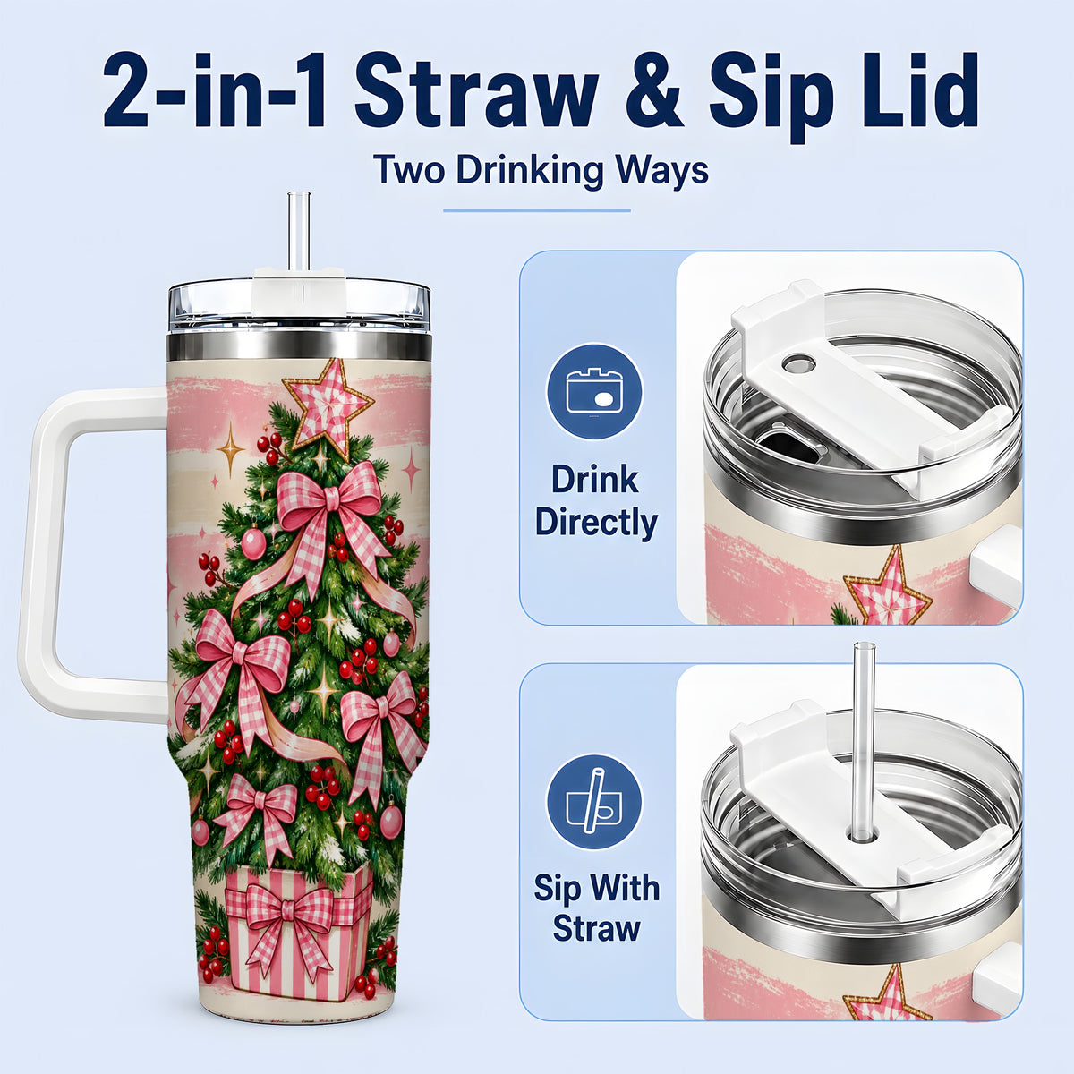 #pl[40oz|White] Pink Gingham Bow Christmas Tree Tumbler, 40oz Stainless Steel Tumbler
