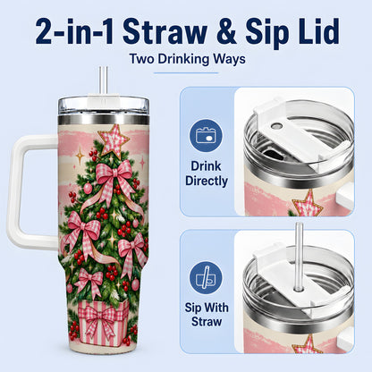 #pl[40oz|White] Pink Gingham Bow Christmas Tree Tumbler, 40oz Stainless Steel Tumbler