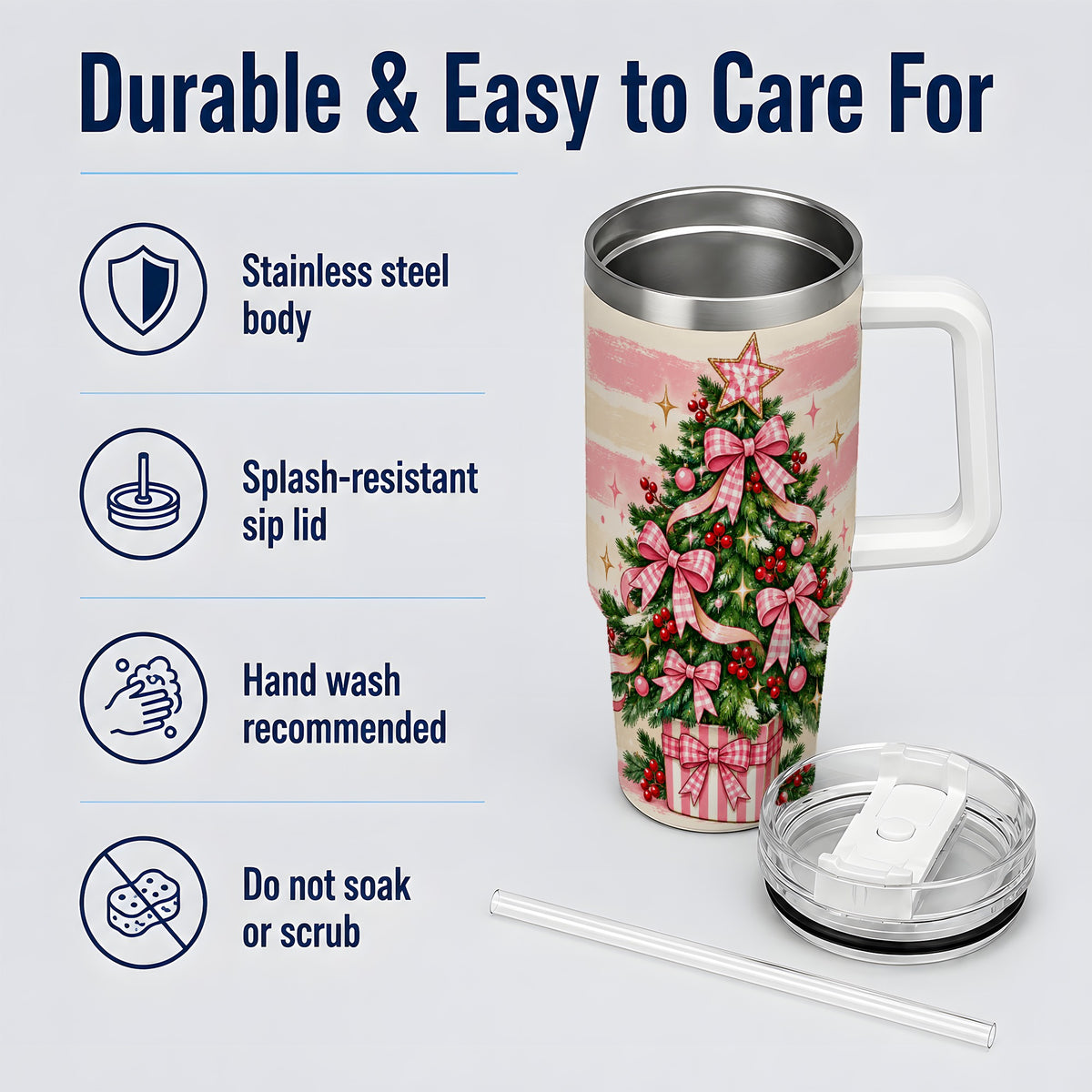 #pl[40oz|White] Pink Gingham Bow Christmas Tree Tumbler, 40oz Stainless Steel Tumbler