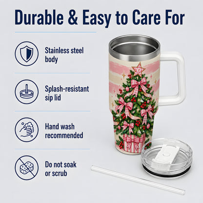 #pl[40oz|White] Pink Gingham Bow Christmas Tree Tumbler, 40oz Stainless Steel Tumbler