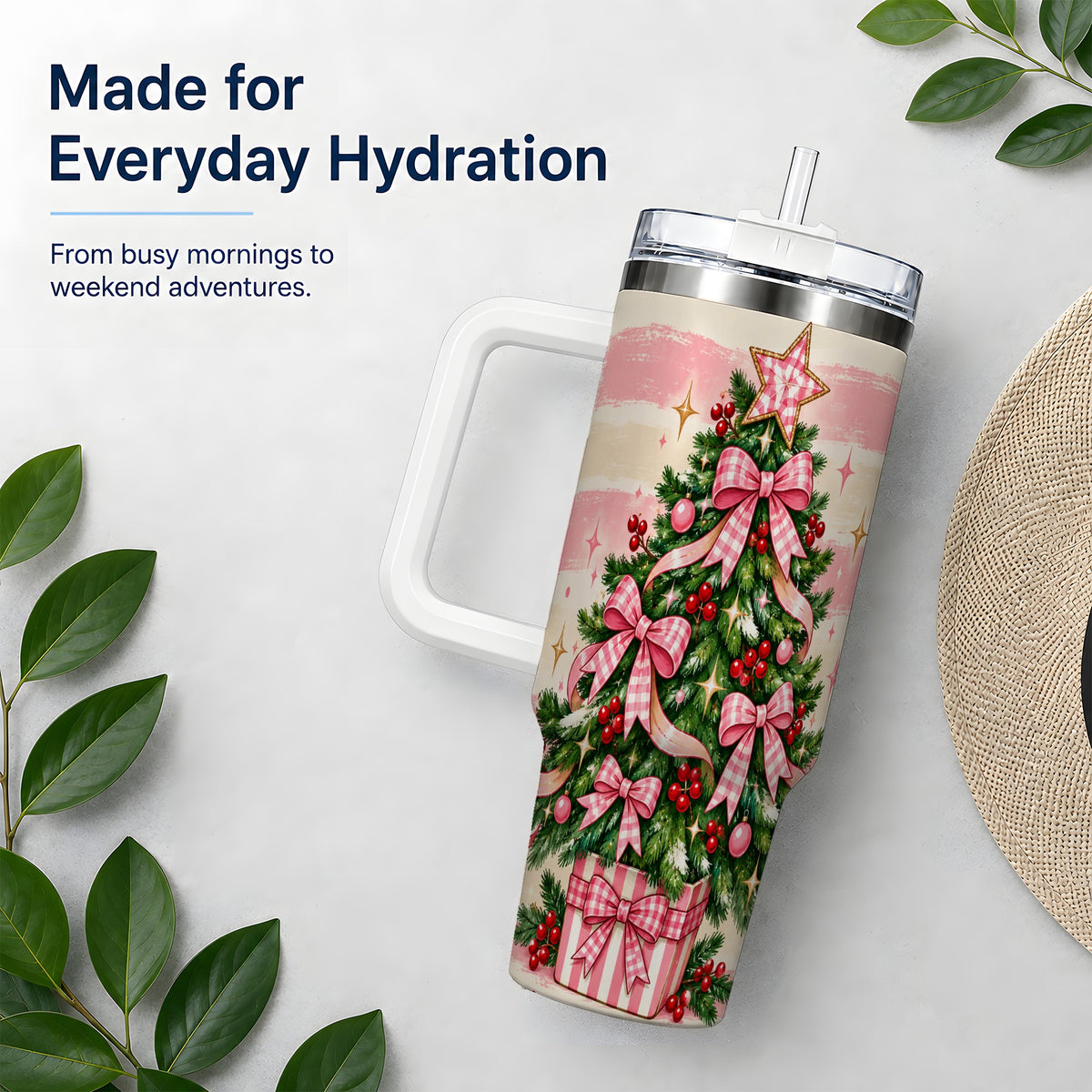#pl[40oz|White] Pink Gingham Bow Christmas Tree Tumbler, 40oz Stainless Steel Tumbler