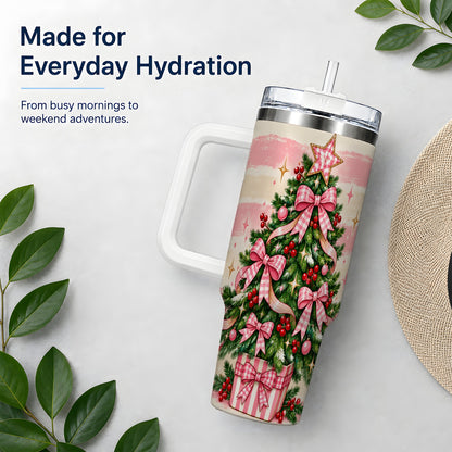 #pl[40oz|White] Pink Gingham Bow Christmas Tree Tumbler, 40oz Stainless Steel Tumbler