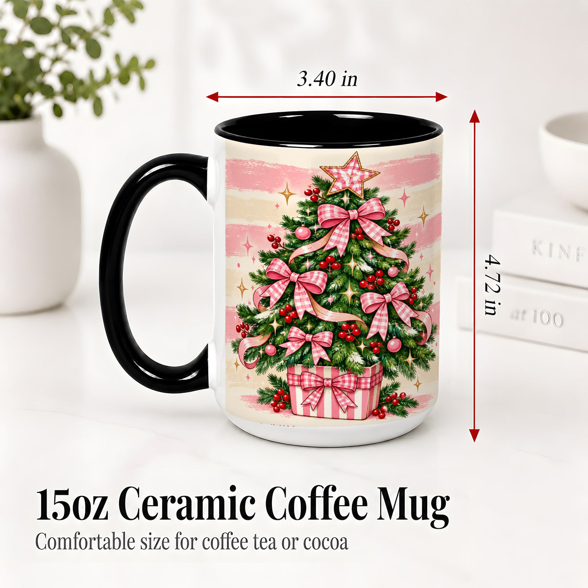 #pl[15oz|Black] Pink Gingham Bow Christmas Tree Accent Mug, Ceramic Mug