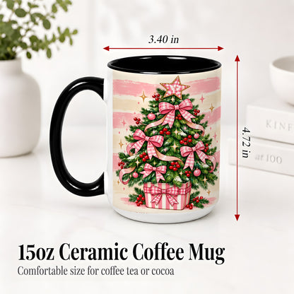 #pl[15oz|Black] Pink Gingham Bow Christmas Tree Accent Mug, Ceramic Mug