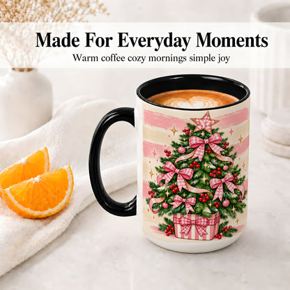 #pl[15oz|Black] Pink Gingham Bow Christmas Tree Accent Mug, Ceramic Mug