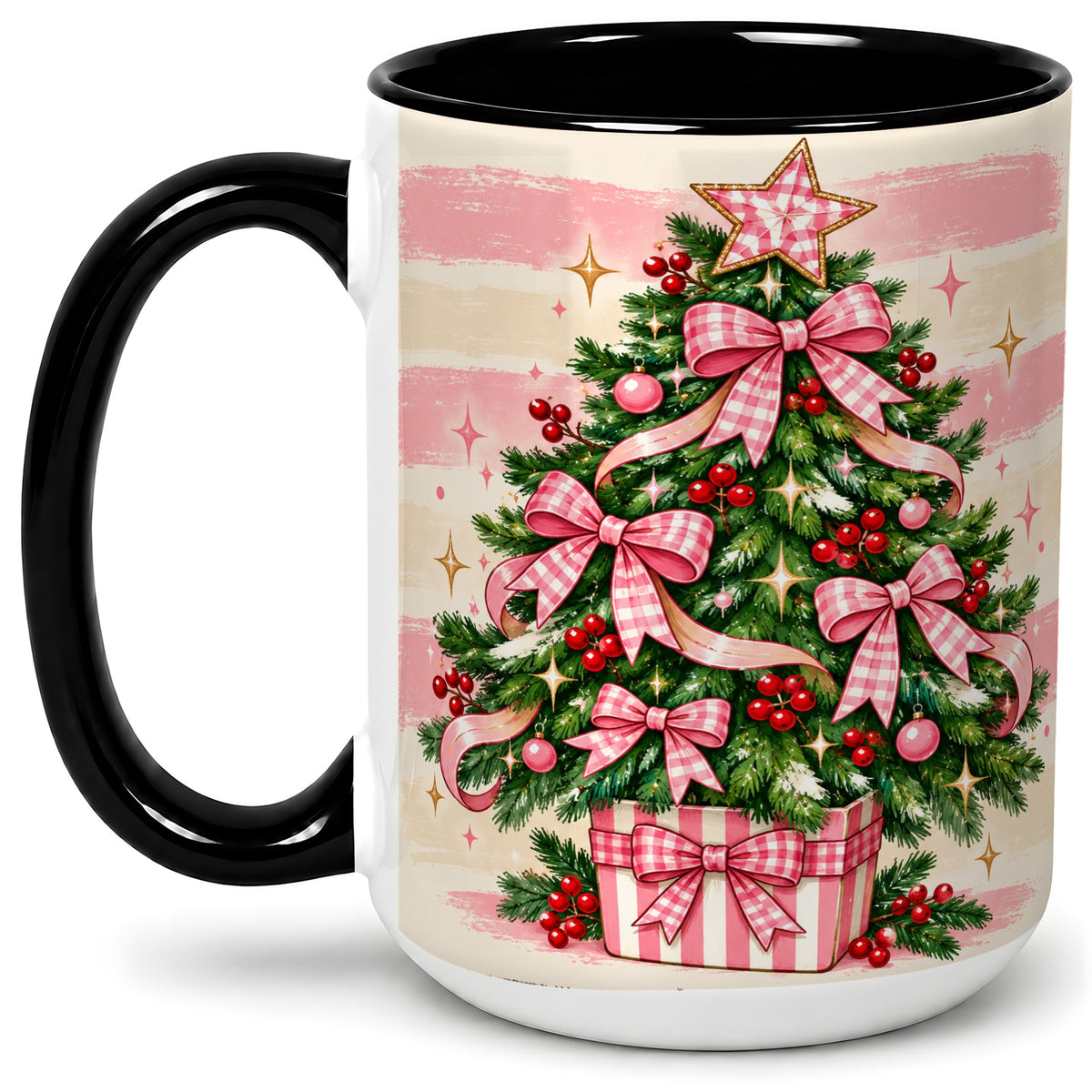 #pl[15oz|Black] Pink Gingham Bow Christmas Tree Accent Mug, Ceramic Mug