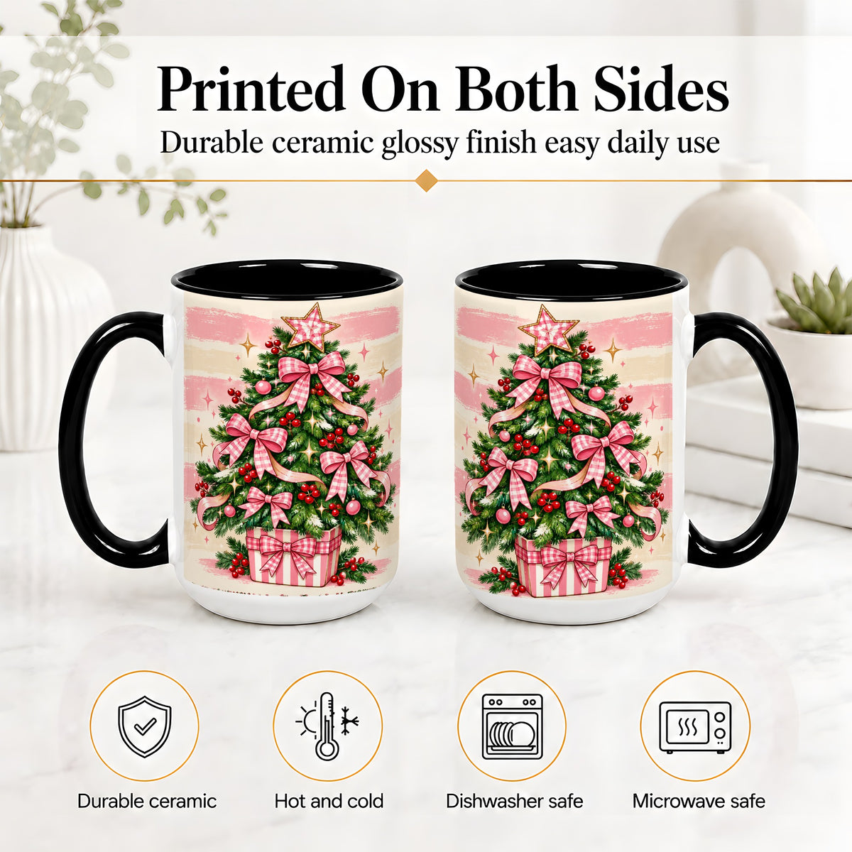#pl[15oz|Black] Pink Gingham Bow Christmas Tree Accent Mug, Ceramic Mug