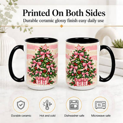 #pl[15oz|Black] Pink Gingham Bow Christmas Tree Accent Mug, Ceramic Mug