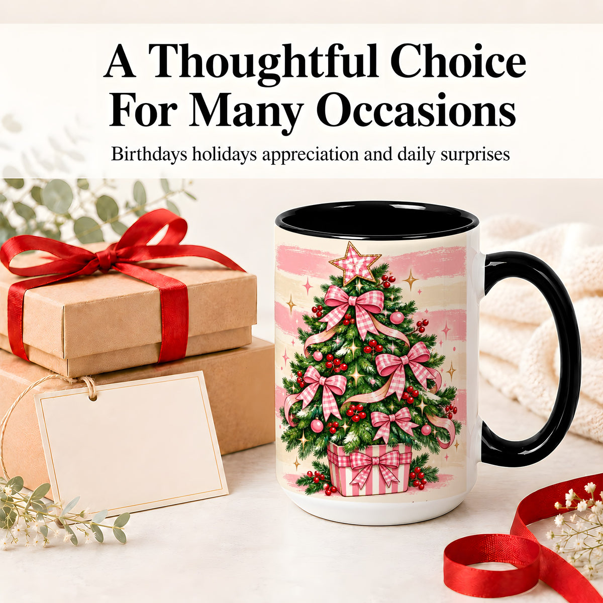 #pl[15oz|Black] Pink Gingham Bow Christmas Tree Accent Mug, Ceramic Mug