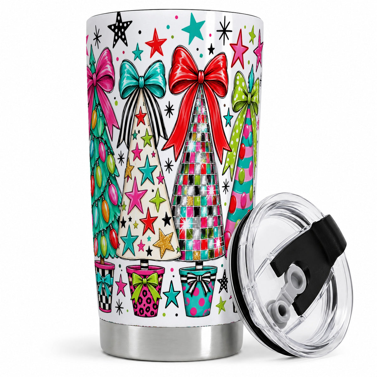 Colorful Bow Christmas Trees 20oz Tumbler, Whimsical Holiday Artwork