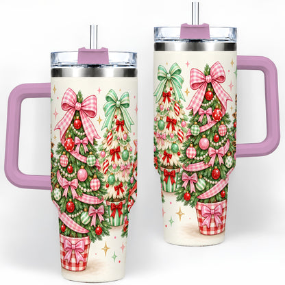#pl[40oz|Pink] Patterned Potted Christmas Trees Tumbler, 40oz Stainless Steel Tumbler